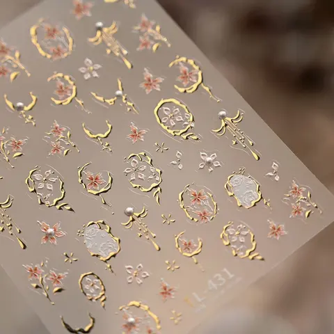 Retro Pearl Flowers Gold Stamped Edge Frame Stars Tassel 5D Embossed Self Adhesive Nail Art Stickers Chic 3D Manicure Decals