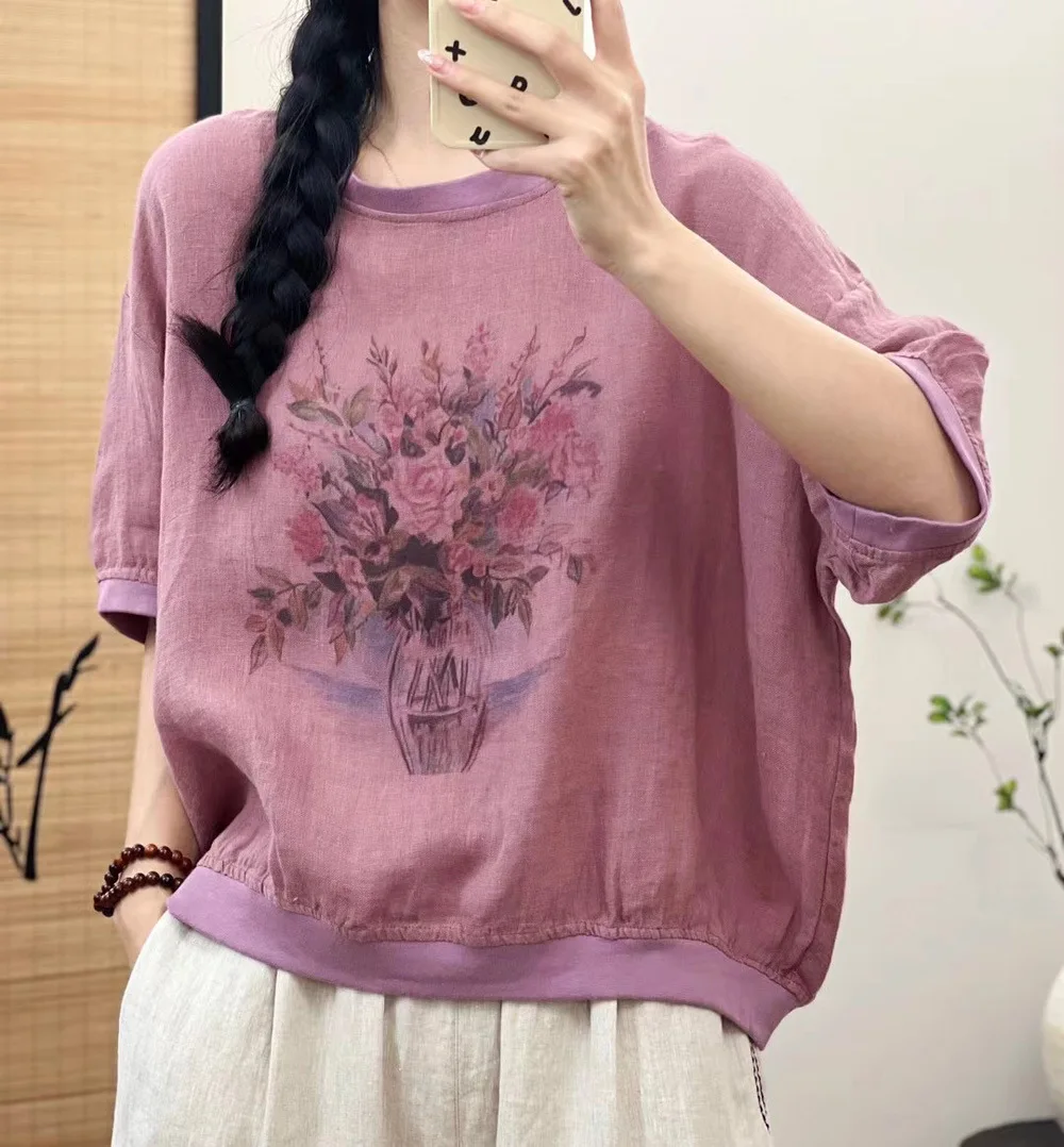 Women's short sleeve shirt Japan style vintage cotton linen floral vase printed t shirt large size tops chic women blouse loose
Women's short sleeve shirt Japan style vintage cotton linen floral vase printed t shirt large size tops chic women blouse loose