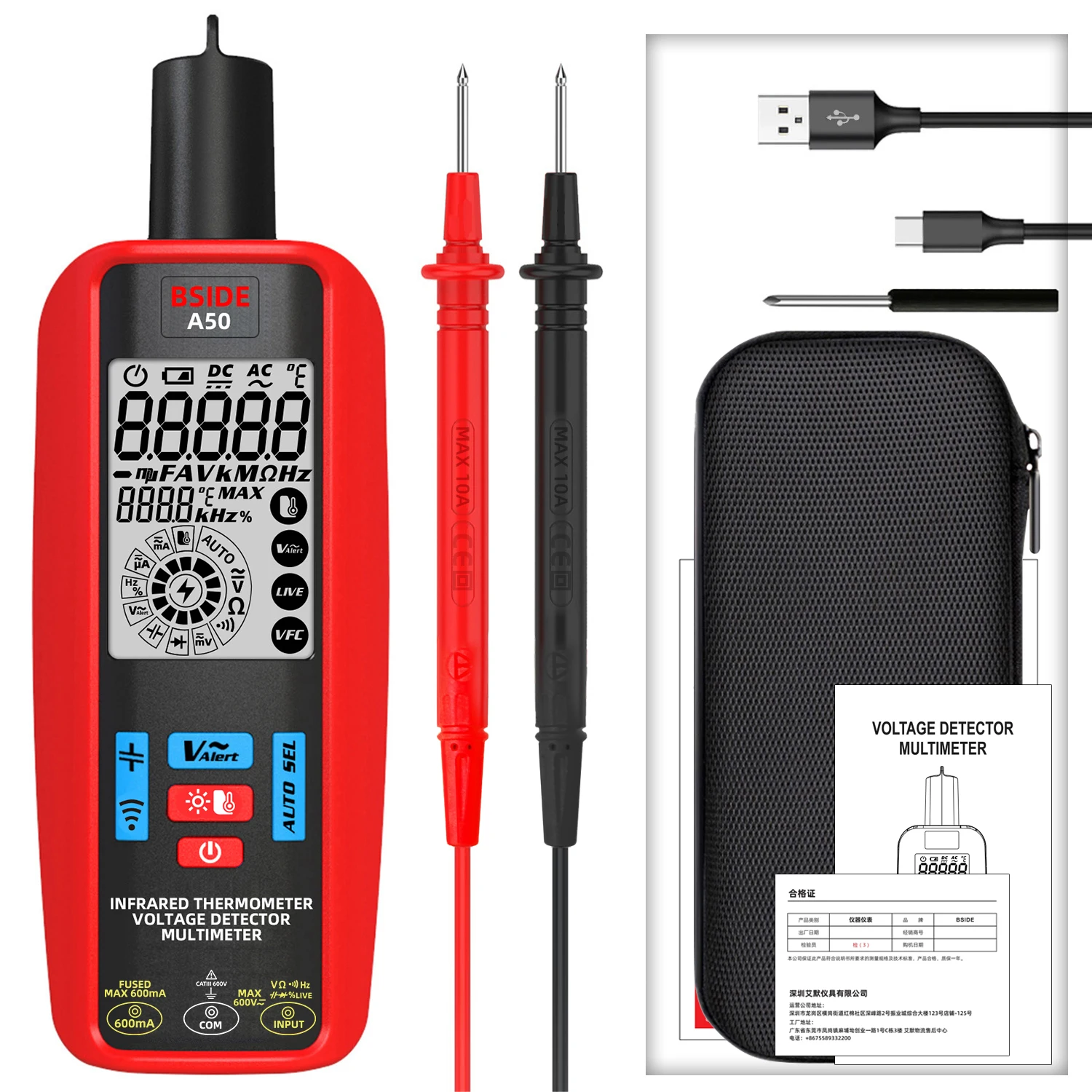 Infrared Thermometer Breakpoint VFC Voltage Tester Capacitance Eelectricity rechargeable Voltmeter BSIDE A50 Digital Multimeter
Infrared Thermometer Breakpoint VFC Voltage Tester Capacitance Eelectricity rechargeable Voltmeter BSIDE A50 Digital Multimeter