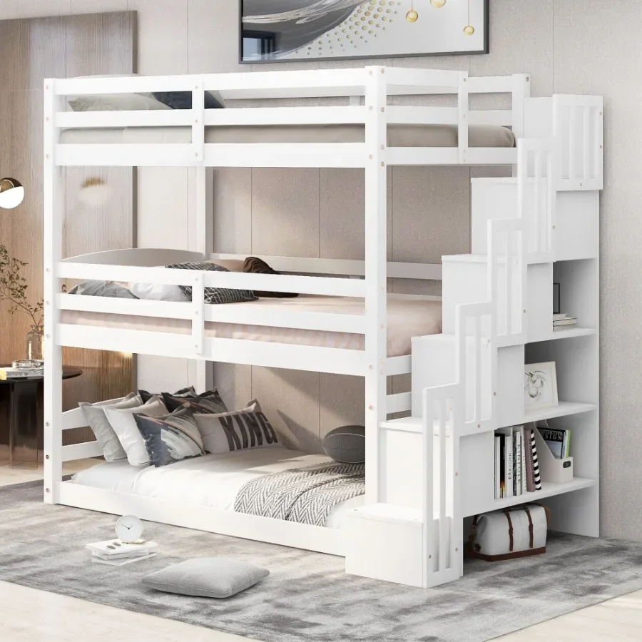 Twin Size Triple Bunk Bed with Storage Staircase Separate Design White
Twin Size Triple Bunk Bed with Storage Staircase Separate Design White