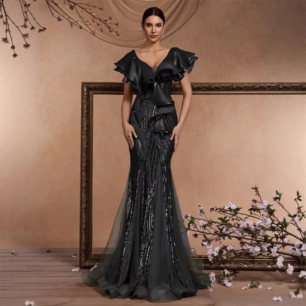 Black Faux Leather Ruffle V Neck Mermaid Maxi Dress Vertical Linear Sequin Mesh Floor Train Red Carpet Evening Gown
Black Faux Leather Ruffle V Neck Mermaid Maxi Dress Vertical Linear Sequin Mesh Floor Train Red Carpet Evening Gown