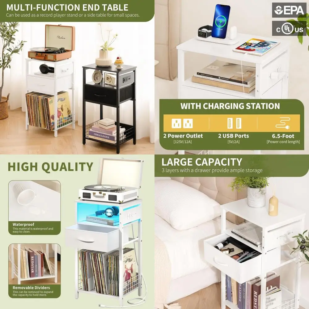 End Table Record Player Stand with Storage, Charging Station & LED Lights, Holds 100 Vinyl Albums, White
End Table Record Player Stand with Storage, Charging Station & LED Lights, Holds 100 Vinyl Albums, White