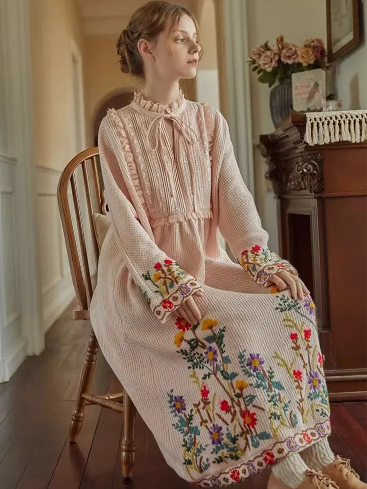 106cm Bust Fall Winter Knitted Long Dresses For Women Vintage Elegant Luxury Handmade Embroidery Long Sleeve Loose Pink Dresses
106cm Bust Fall Winter Knitted Long Dresses For Women Vintage Elegant Luxury Handmade Embroidery Long Sleeve Loose Pink Dresses