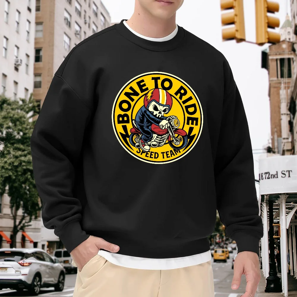 Men's Black Crew Neck Pullover Sweatshirt with Motorcycle Skull Print, Loose Fit Street Style Top, Casual Everyday Wear, Trendy and Versatile
Men's Black Crew Neck Pullover Sweatshirt with Motorcycle Skull Print, Loose Fit Street Style Top, Casual Everyday Wear, Trendy and Versatile