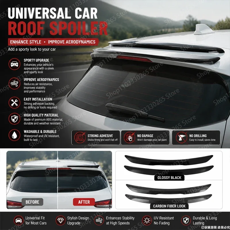 Universal Car Roof Spoiler, Glossy Black/Carbon Fiber ABS Rear Window Lip, No-Drill Sporty Exterior Upgrade
Universal Car Roof Spoiler, Glossy Black/Carbon Fiber ABS Rear Window Lip, No-Drill Sporty Exterior Upgrade