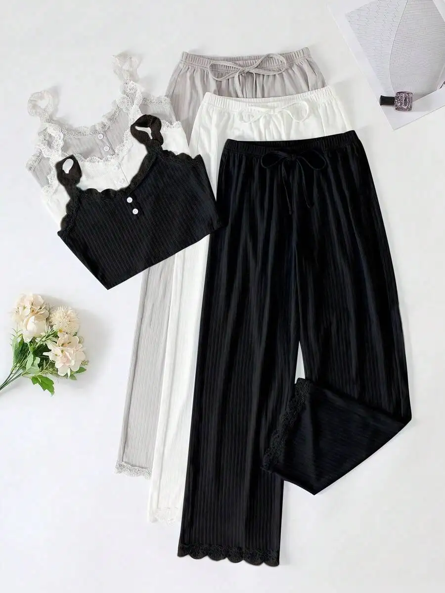 3 Sets Women Lace Trim Backless Top And Drawstring Straight Leg Pajama Set
3 Sets Women Lace Trim Backless Top And Drawstring Straight Leg Pajama Set