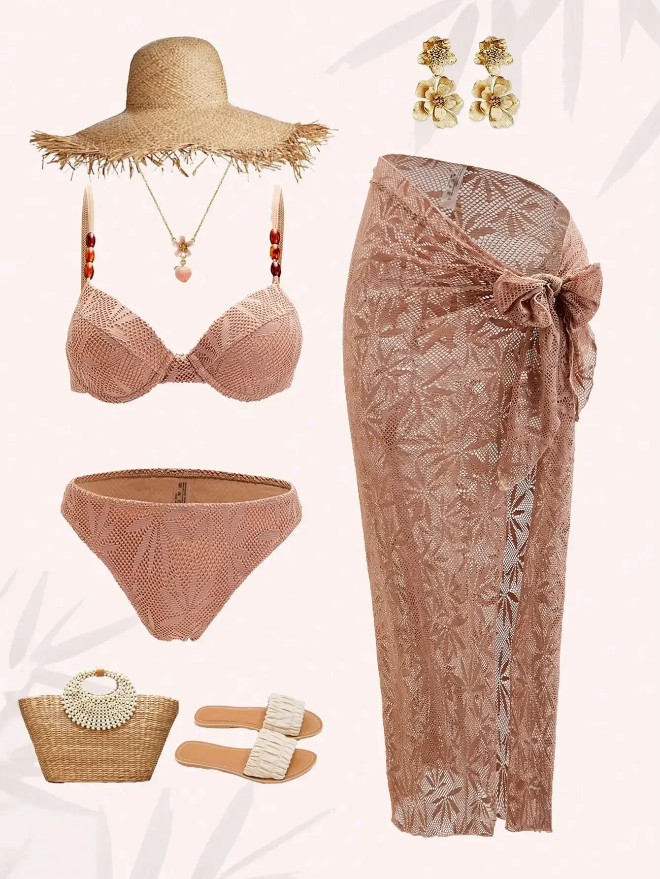 Women Coffee Brown Hollow Mesh Beaded Bikini Set With Beach Cover Up
Women Coffee Brown Hollow Mesh Beaded Bikini Set With Beach Cover Up