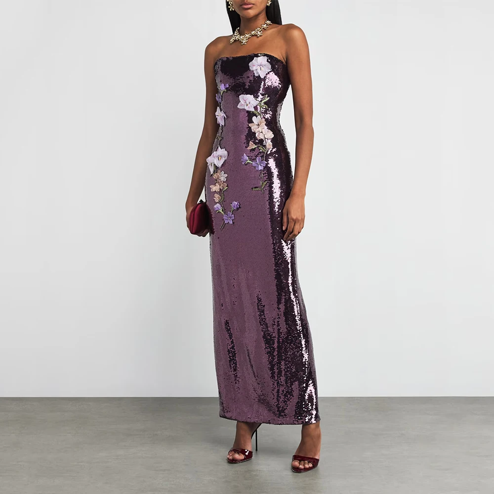 Gliter Purple Sequin Evening Gown Ankel Length Formal Party Dress Strapless Saudi Arabia Dress With Flowers Prom Dress
Gliter Purple Sequin Evening Gown Ankel Length Formal Party Dress Strapless Saudi Arabia Dress With Flowers Prom Dress