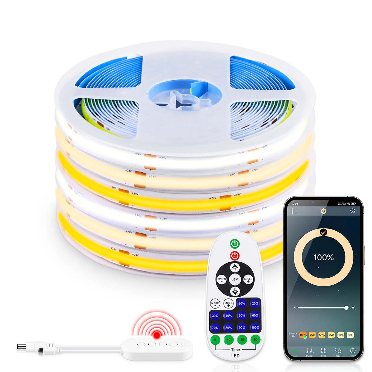 Wireless Bluetooth COB LED Strip Light 24V Phone APP Control LED Tape Linear Dimmable Ribbon For Room Kitchen Ambient Lighting
Wireless Bluetooth COB LED Strip Light 24V Phone APP Control LED Tape Linear Dimmable Ribbon For Room Kitchen Ambient Lighting