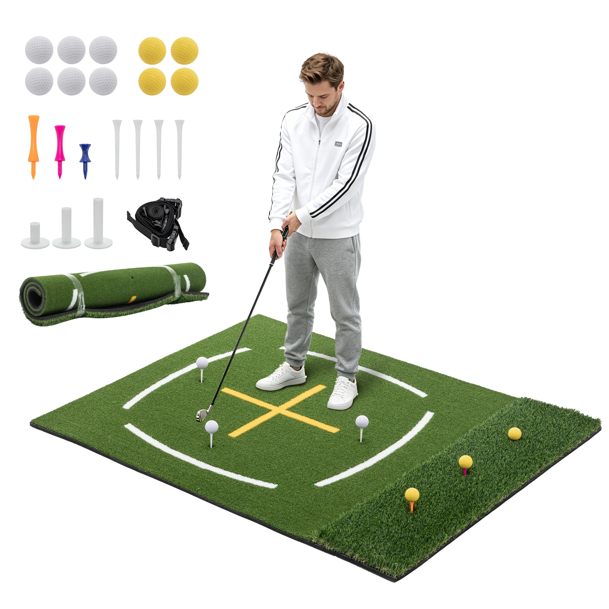5'x4' Golf Hitting Mat with Arc Stance Guide Line, Indoor Outdoor Heavy Duty Golf Practice Turf with 7 Tee Positions, Complete Training Kit with Balls, Tees & Strap
5'x4' Golf Hitting Mat with Arc Stance Guide Line, Indoor Outdoor Heavy Duty Golf Practice Turf with 7 Tee Positions, Complete Training Kit with Balls, Tees & Strap