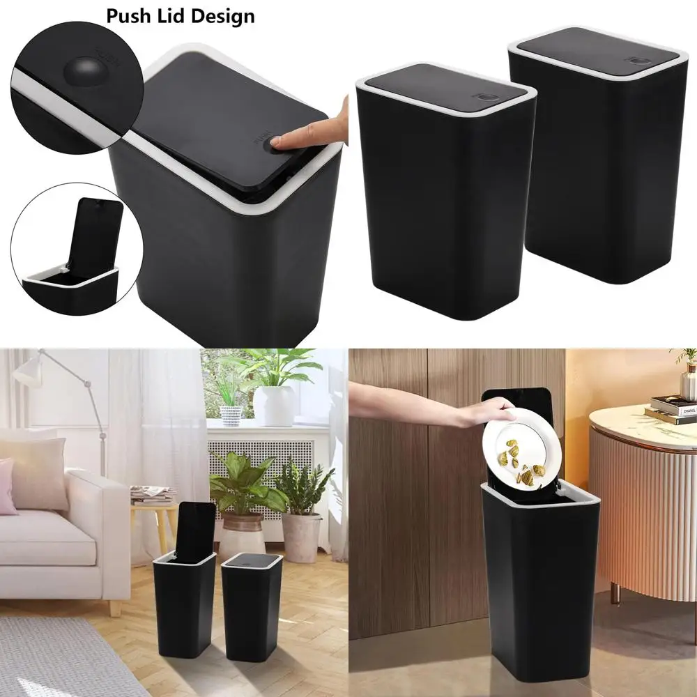 Set of 2, 7.5L Black Plastic Trash Bins with Press Lid for Home & Office Use
Set of 2, 7.5L Black Plastic Trash Bins with Press Lid for Home & Office Use