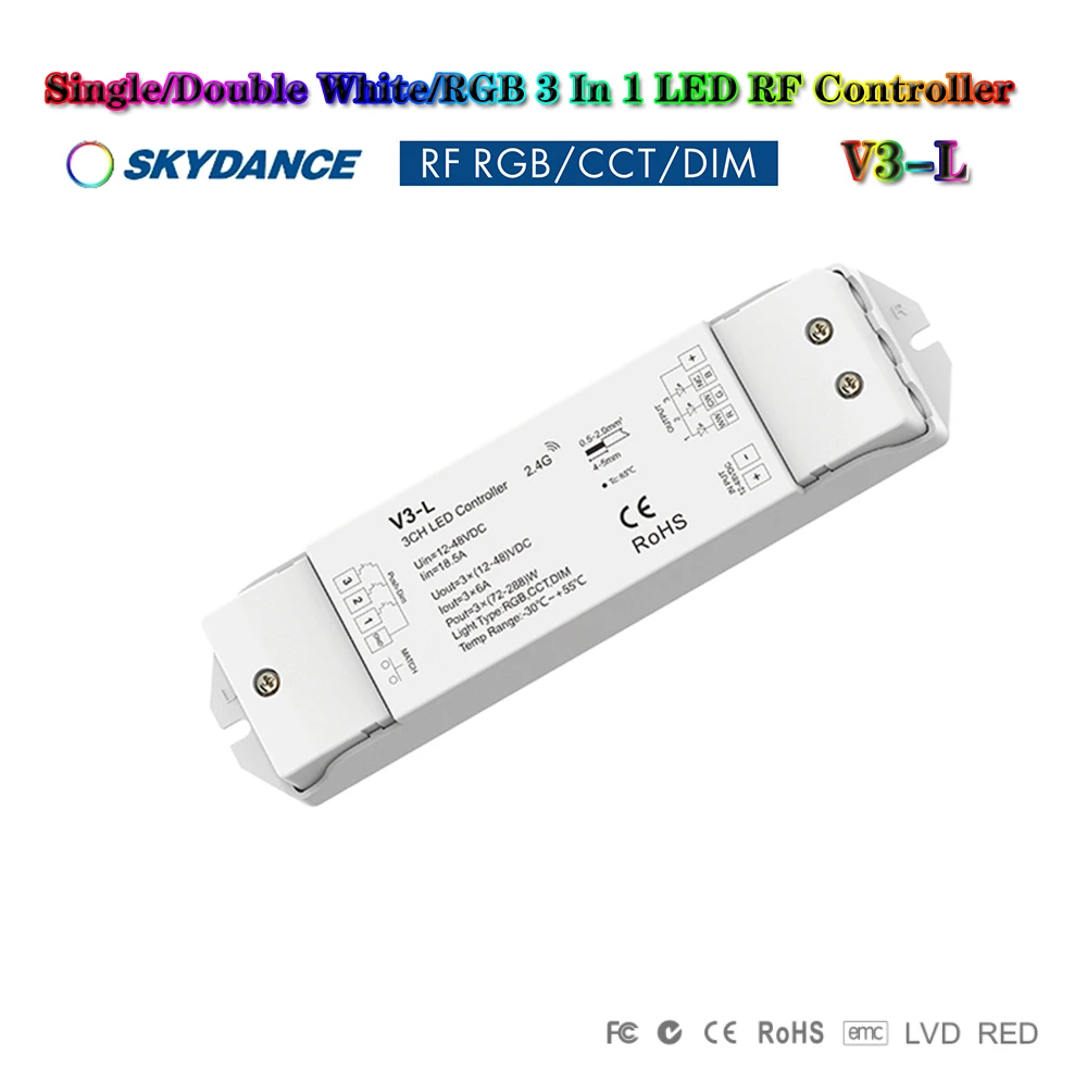 Skydance V3-L DC12-48V 2.4GHzRF+Push Dim 3in1 0-100% PWM Dimmmer Controller For Single/Double White/RGB LED Strip Tape
Skydance V3-L DC12-48V 2.4GHzRF+Push Dim 3in1 0-100% PWM Dimmmer Controller For Single/Double White/RGB LED Strip Tape