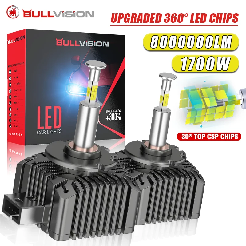 Светодиодные лампы Bullvision D3S D1S Canbus 1:1 для фар, аналог HID D2S D4S D5S D8S D1R D2R D3R D4R, 1700W, Plug&Play, турбо-светодиодные лампы для автомобиля
Светодиодные лампы Bullvision D3S D1S Canbus 1:1 для фар, аналог HID D2S D4S D5S D8S D1R D2R D3R D4R, 1700W, Plug&Play, турбо-светодиодные лампы для автомобиля