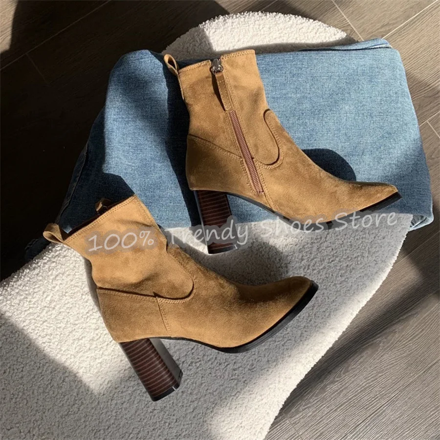 Women Pointed Toe Chunky Heel Slip-On Short Booties Handmade Faux Suede Slip-On Chelsea Booties Lady Comfortable Ankle Boots
Women Pointed Toe Chunky Heel Slip-On Short Booties Handmade Faux Suede Slip-On Chelsea Booties Lady Comfortable Ankle Boots