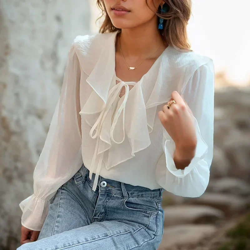 Autumn New Korean Sweet Ruffles Blouse Office Lady Apricot Long Flare Sleeve Shirt Women Tops V-neck Loose Clothes Blusas 29893
Autumn New Korean Sweet Ruffles Blouse Office Lady Apricot Long Flare Sleeve Shirt Women Tops V-neck Loose Clothes Blusas 29893