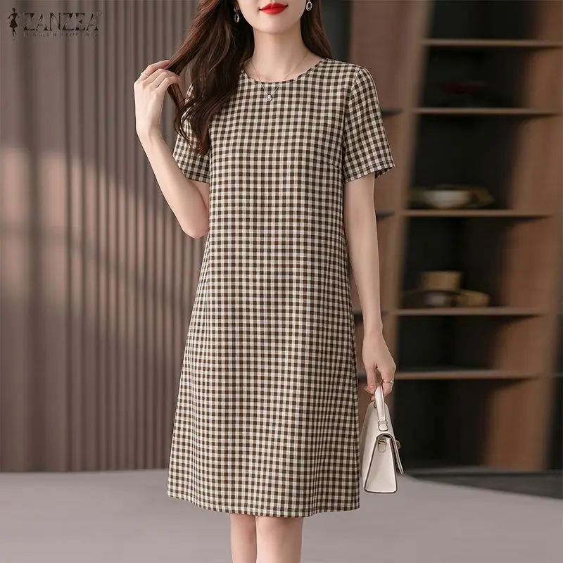 Women Minimalist Short Sleeves Dresses 2026 Summer O-Neck Gingham Knee-Length Dress ZANZEA Daily Casual Commute Robes Femme
Women Minimalist Short Sleeves Dresses 2026 Summer O-Neck Gingham Knee-Length Dress ZANZEA Daily Casual Commute Robes Femme