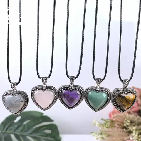 Healing Crystal Heart Pendant Necklace Labradorite Fluorite Amethyst Rose Quartz Aventurine Tiger eye Opal Charms Jewelry QC3422
