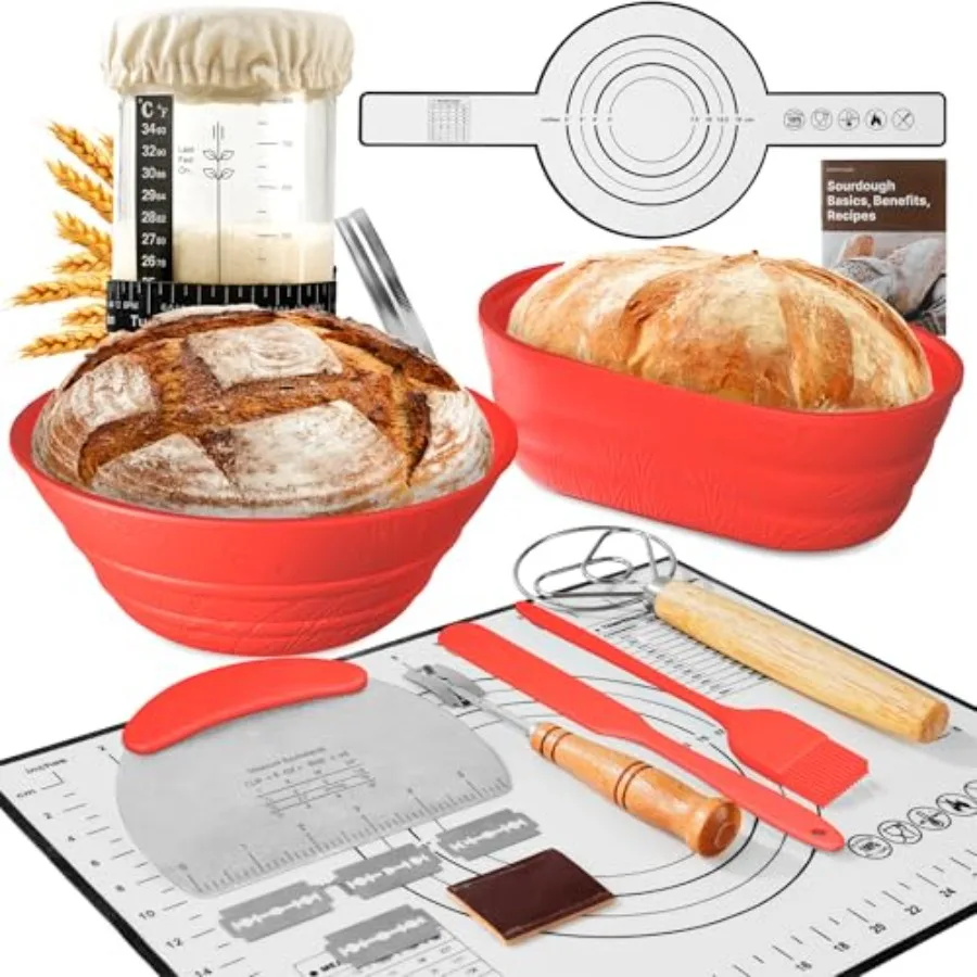 Complete Sourdough Bread Baking Supplies for Beginners with Jar and Silicone Proofing Baskets Ideal for Home Bakers Includes Ba
Complete Sourdough Bread Baking Supplies for Beginners with Jar and Silicone Proofing Baskets Ideal for Home Bakers Includes Ba