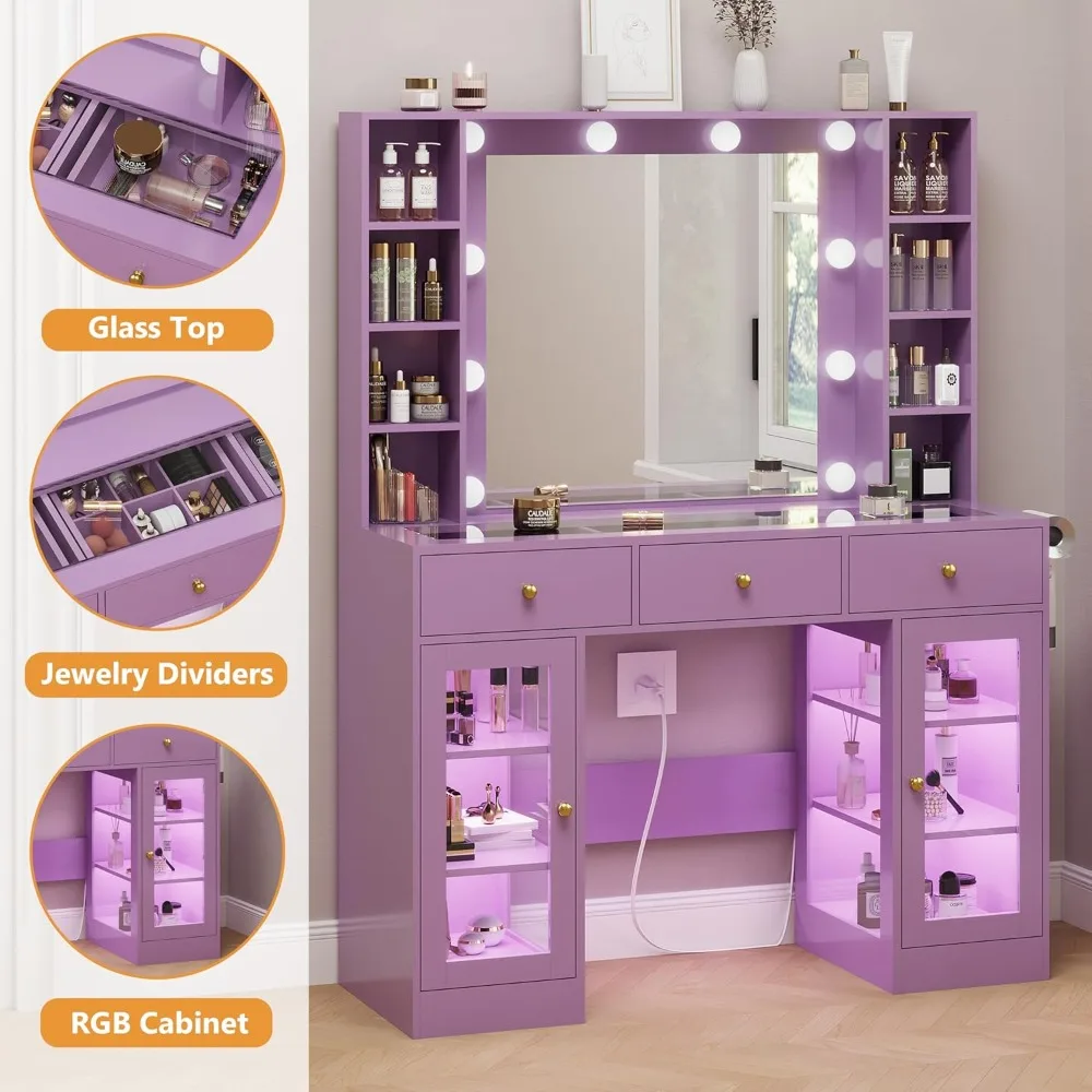 Purple Vanity Desk with Mirror and Lights, Glass Top Vanity with Lighted Mirror & RGB Glass Cabinet and 3 Drawers, Customized
Purple Vanity Desk with Mirror and Lights, Glass Top Vanity with Lighted Mirror & RGB Glass Cabinet and 3 Drawers, Customized