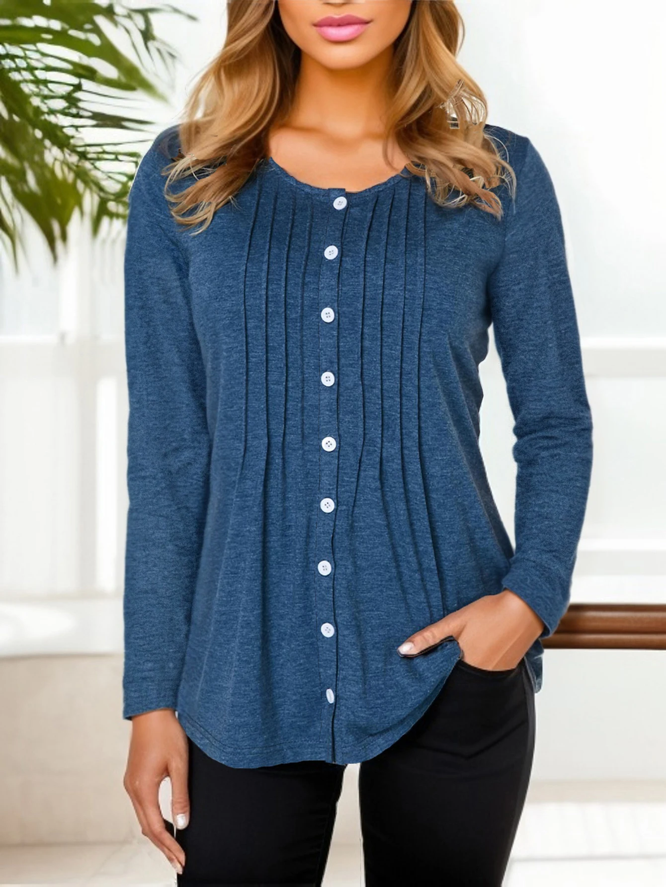 Spring and Autumn new single-breasted cardigan long-sleeved shirt jacket round neck casual pleated versatile striped colored cot
Spring and Autumn new single-breasted cardigan long-sleeved shirt jacket round neck casual pleated versatile striped colored cot