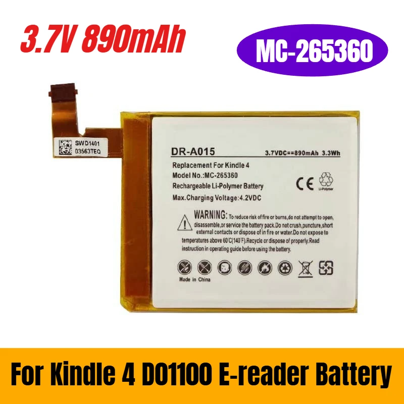 3.7V 890mAh MC-265360 for Kindle 4 D01100 E-reader Battery
3.7V 890mAh MC-265360 for Kindle 4 D01100 E-reader Battery