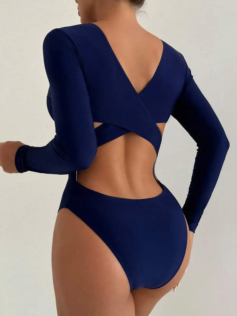 Women Solid Color Long Sleeve One Piece Swimsuit With Cross Back Cut Out
Women Solid Color Long Sleeve One Piece Swimsuit With Cross Back Cut Out