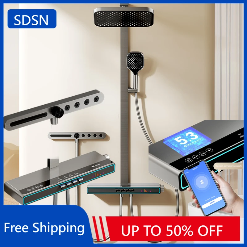 Music Digital Bathroom Shower Set with Ambient Lighting Bluetooth Speaker Digital Bathroom Shower System Hot Cold Bathroom Tap
Music Digital Bathroom Shower Set with Ambient Lighting Bluetooth Speaker Digital Bathroom Shower System Hot Cold Bathroom Tap