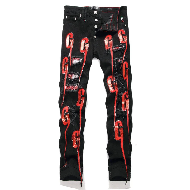 2024 Punk Men Black Distressed Patch Jeans Streetwear Holes Ripped Patchwork Stretch Denim Pants Slim Skinny Trousers
2024 Punk Men Black Distressed Patch Jeans Streetwear Holes Ripped Patchwork Stretch Denim Pants Slim Skinny Trousers