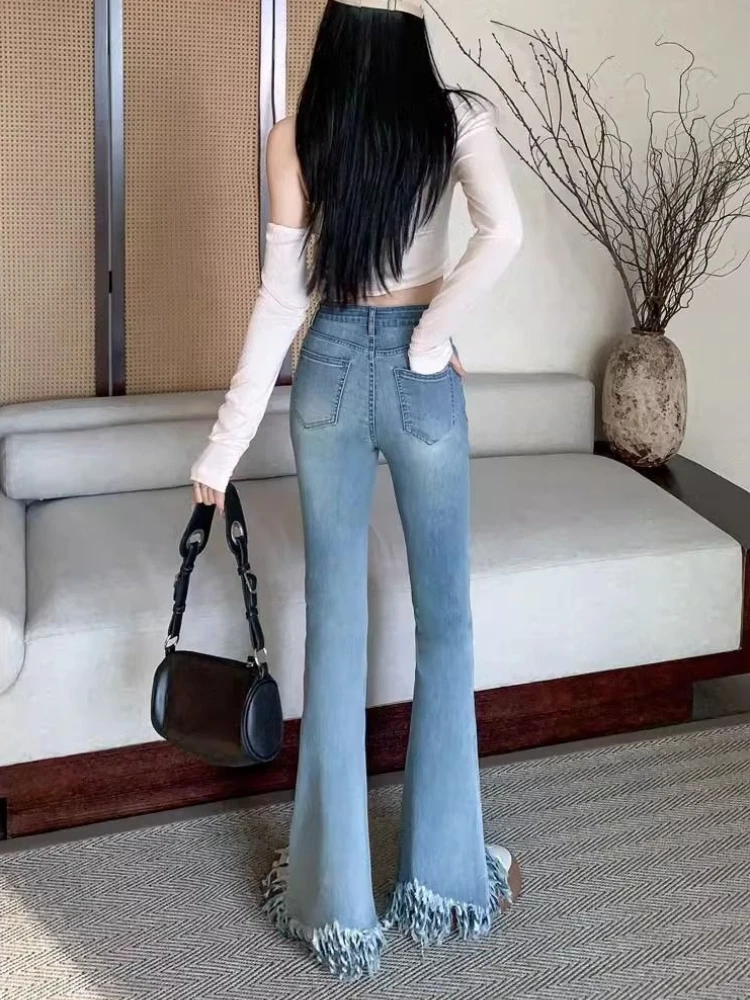 Comfortable High Stretch Women's Jeans in Light Blue Featuring Fringe and Slight Flare High Waist Spring Summer New Slim Fit
Comfortable High Stretch Women's Jeans in Light Blue Featuring Fringe and Slight Flare High Waist Spring Summer New Slim Fit