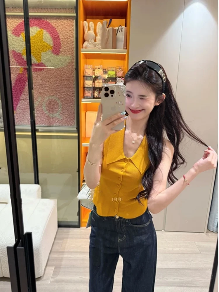 Retro polo collar knitted vest for women's summer outdoor wear pure desire sexy spicy girl sleeveless short cardigan top
Retro polo collar knitted vest for women's summer outdoor wear pure desire sexy spicy girl sleeveless short cardigan top