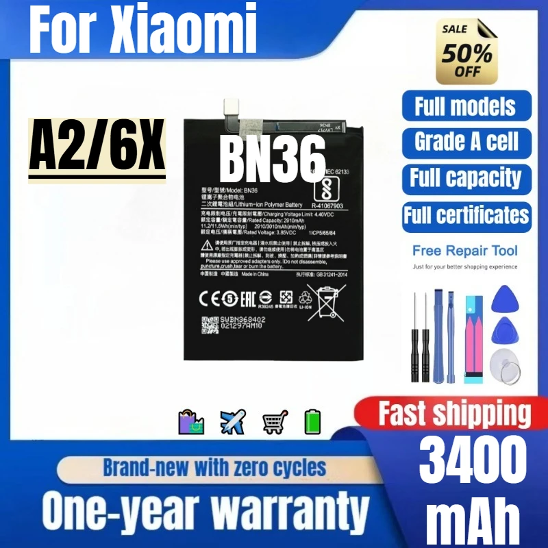 BN36 for Xiaomi A2/6X Mobile Phone Battery 0Cycle High Quality High Capacity Battery Replacement Bateria Grade A Cell with Tools
BN36 for Xiaomi A2/6X Mobile Phone Battery 0Cycle High Quality High Capacity Battery Replacement Bateria Grade A Cell with Tools