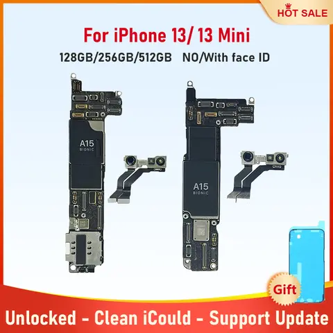 Placa-mãe do telefone móvel para iphone 13 13 mini 128g 256g 512g mainboard com identificação facial desbloqueada placa lógica limpa icloud