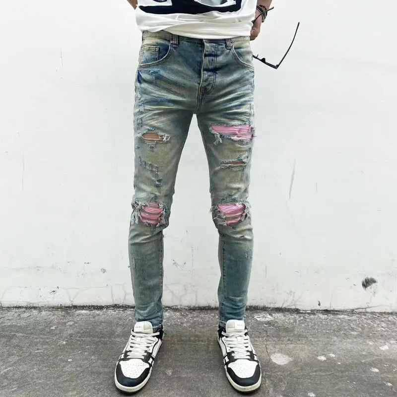 High street fashion jeans stretch slim fit washed light blue jeans red patch designer hip-hop brand pants Hombre
High street fashion jeans stretch slim fit washed light blue jeans red patch designer hip-hop brand pants Hombre