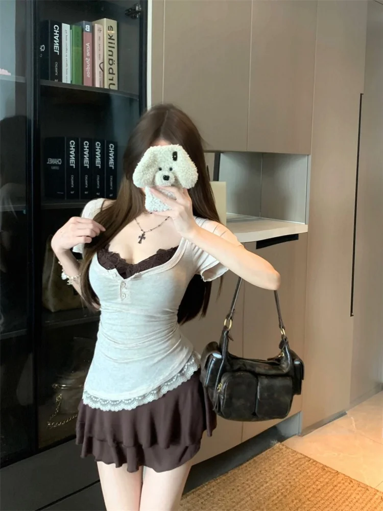 Spring Fashion Set Women's Pure Desire Sexy Lace Splice Short Sleeve Top Strap Dress Two Piece Set Commute Style Casual Wear
Spring Fashion Set Women's Pure Desire Sexy Lace Splice Short Sleeve Top Strap Dress Two Piece Set Commute Style Casual Wear