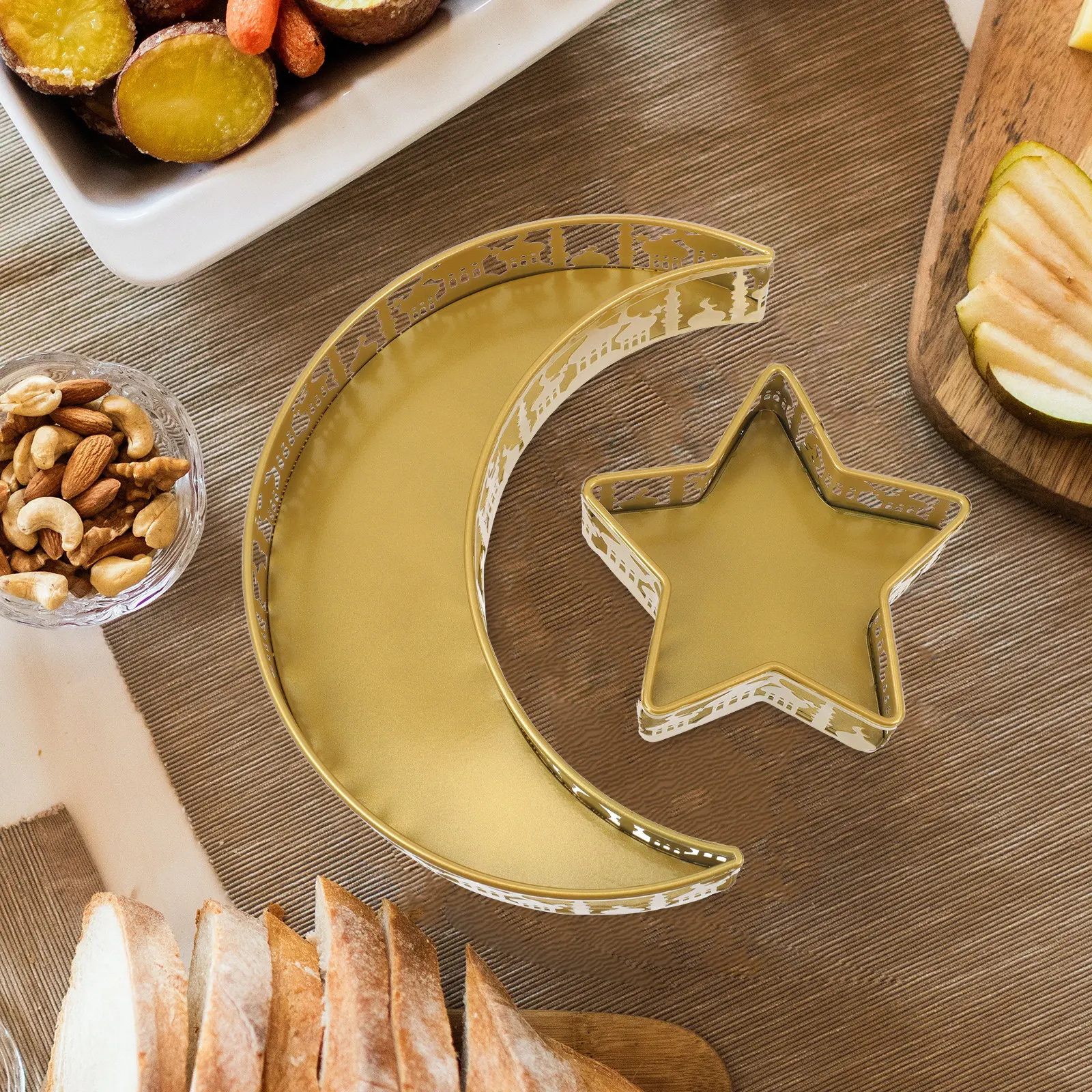 2Pcs Star and Moon-Shaped Iron Food Trays Muslim Home Ramadan Eid -Fitr Snack Serving Plates Decorative Islamic Theme Storage
2Pcs Star and Moon-Shaped Iron Food Trays Muslim Home Ramadan Eid -Fitr Snack Serving Plates Decorative Islamic Theme Storage