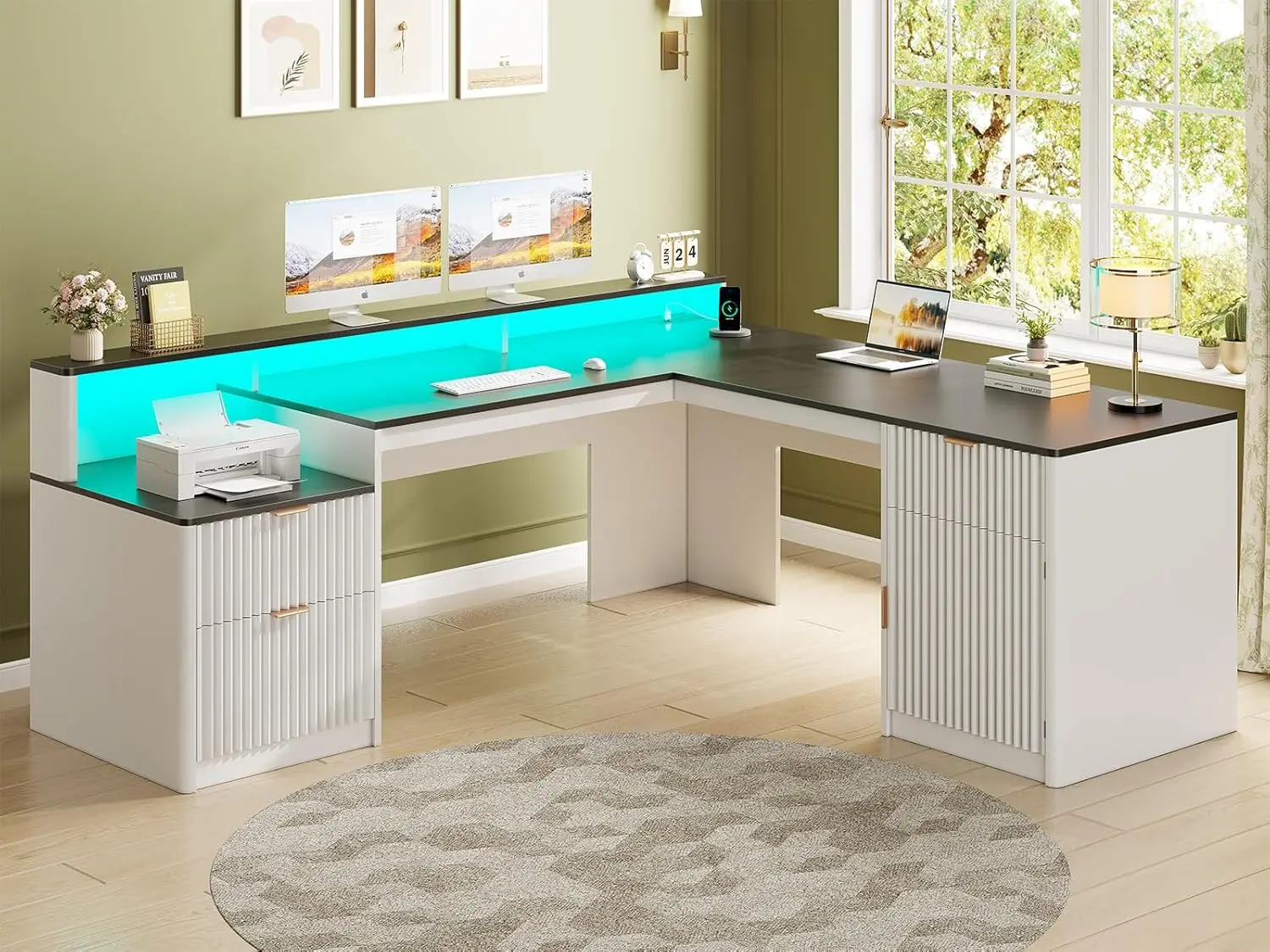 66" L Shaped Desk with Drawers File Cabinet Printer Shelf Monitor Stand LED Power Outlets White, Customized
66" L Shaped Desk with Drawers File Cabinet Printer Shelf Monitor Stand LED Power Outlets White, Customized
