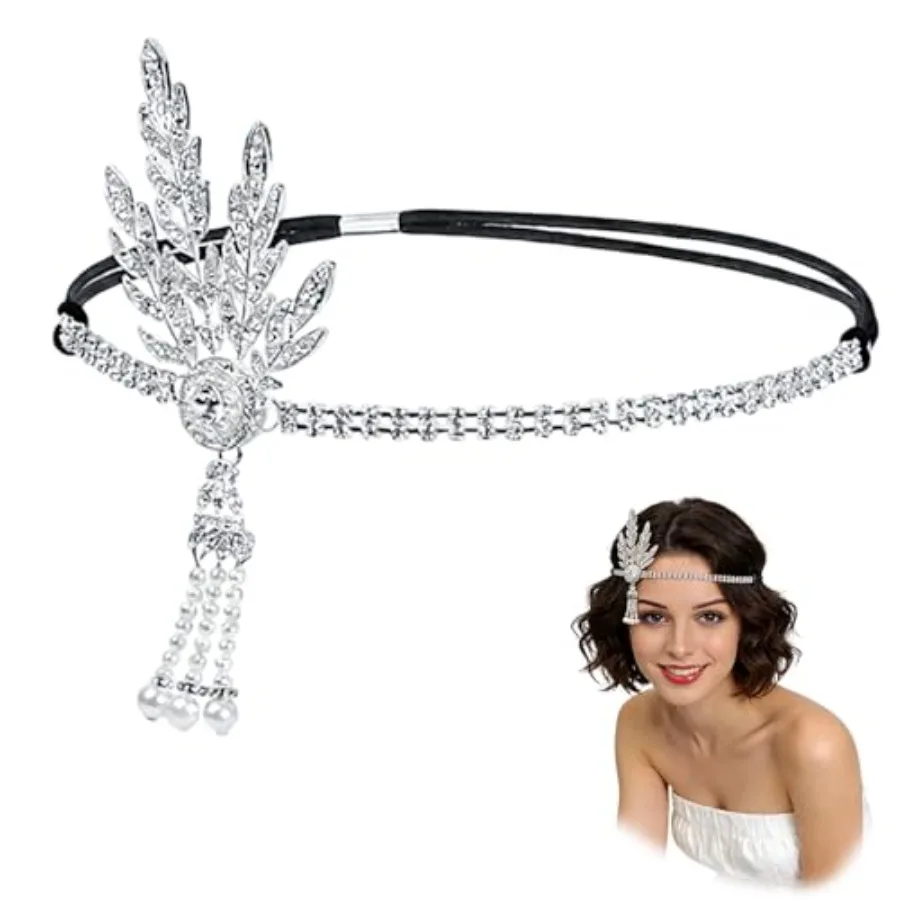 1920s Flapper Headband Silver Rhinestone Leaf Headpiece with Pearl Tassel Elastic Retro Head Band for Women Party Prom Wedding
1920s Flapper Headband Silver Rhinestone Leaf Headpiece with Pearl Tassel Elastic Retro Head Band for Women Party Prom Wedding
