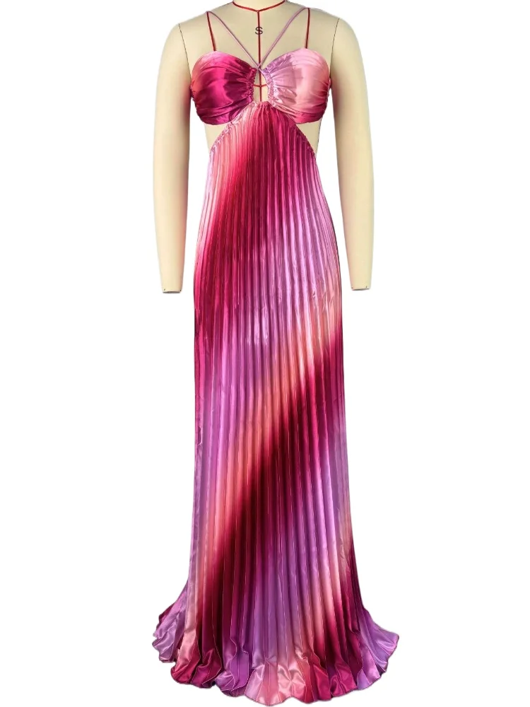 Sexy V-neck Backless Chiffon Long Pleated Dress Pink 
Sexy V-neck Backless Chiffon Long Pleated Dress Pink