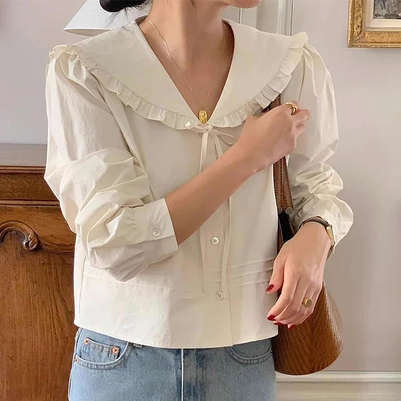 Chic Autumnal Sweet Youthful Ruffle Ne Navy Collar Knot Loose Casual Versatile Long Sve irt Korean Sle
Chic Autumnal Sweet Youthful Ruffle Ne Navy Collar Knot Loose Casual Versatile Long Sve irt Korean Sle
