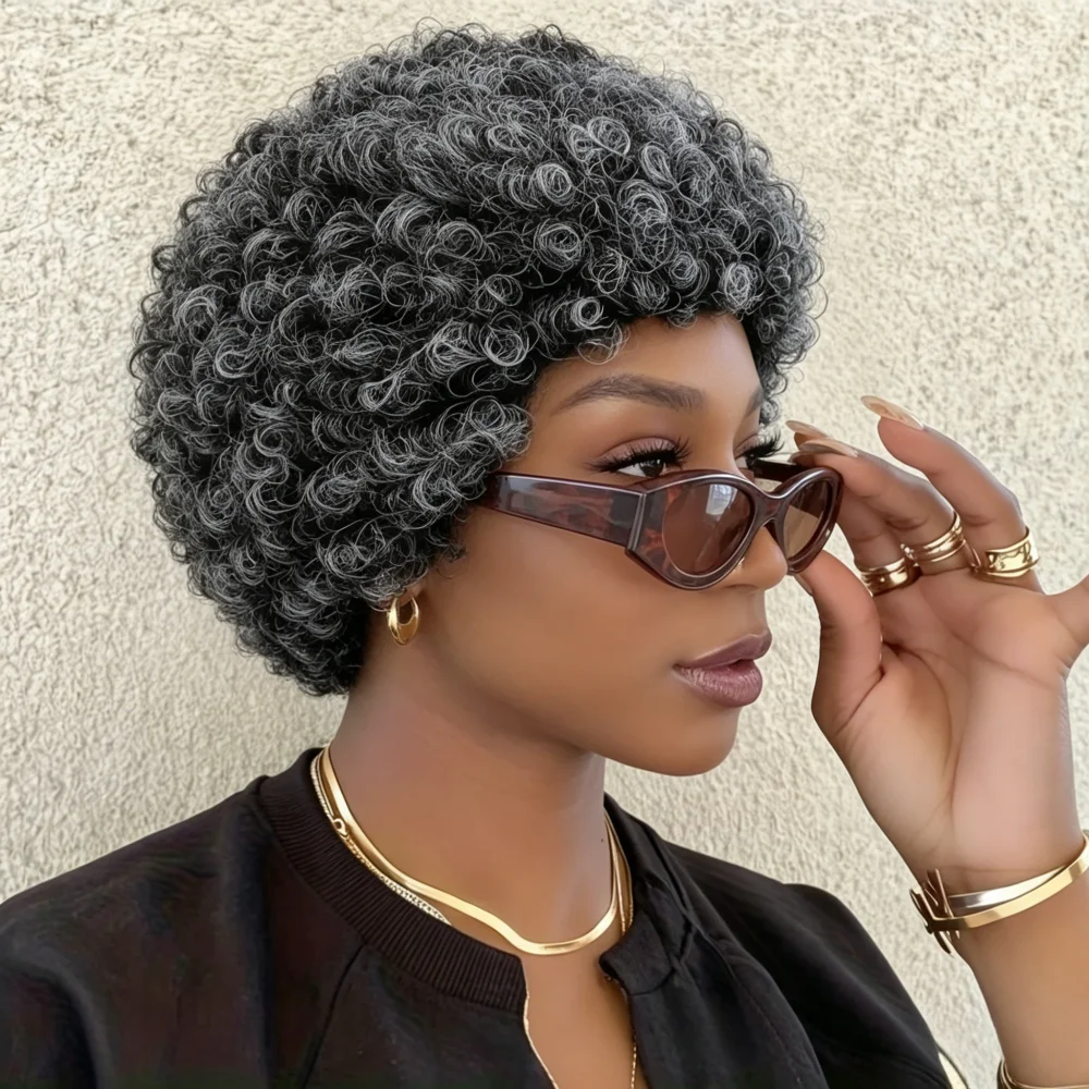 Natural Salt and Pepper Gray Short Afro Kinky Curly Human Hair Wig, Full Machine Made Human Hair Wigs with Bangs,for Daily & Par
Natural Salt and Pepper Gray Short Afro Kinky Curly Human Hair Wig, Full Machine Made Human Hair Wigs with Bangs,for Daily & Par