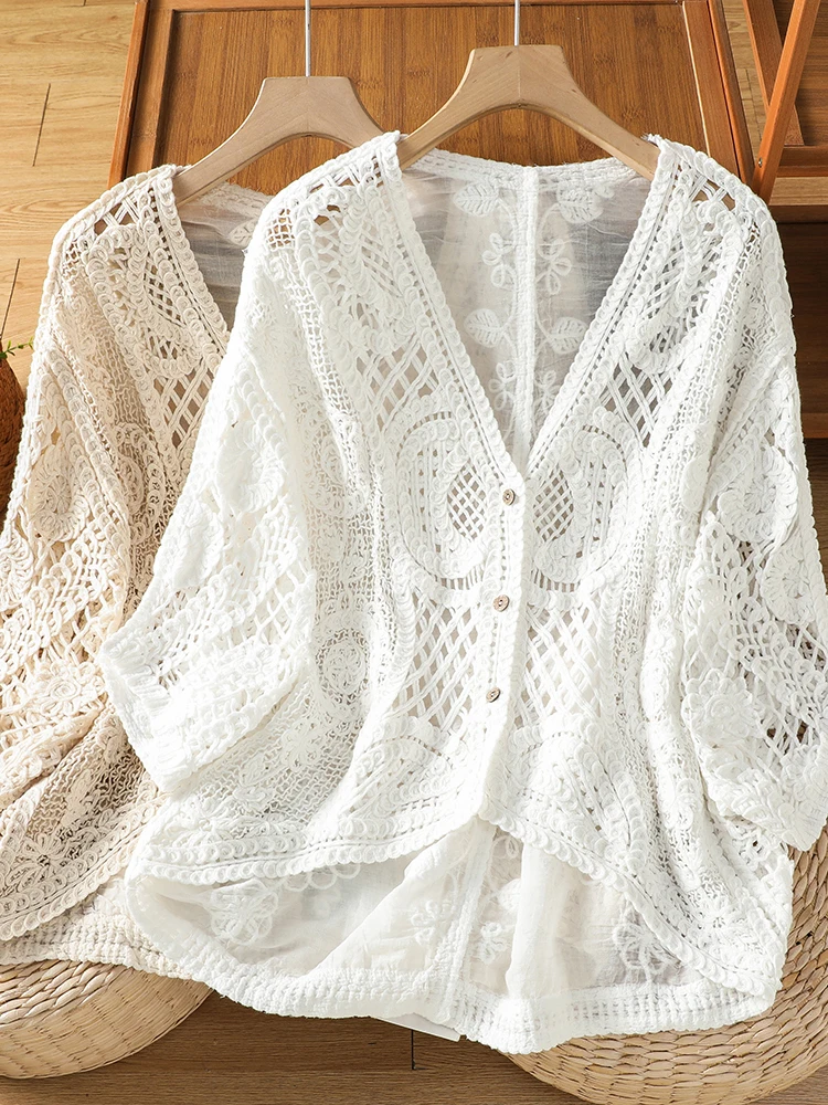 plus Size Lace Sun Protection Shirt Hollow out Hook Flower Embroidery Casual Loose Fit Seven Sleeve V Neck Single Button Card...
plus Size Lace Sun Protection Shirt Hollow out Hook Flower Embroidery Casual Loose Fit Seven Sleeve V Neck Single Button Card...