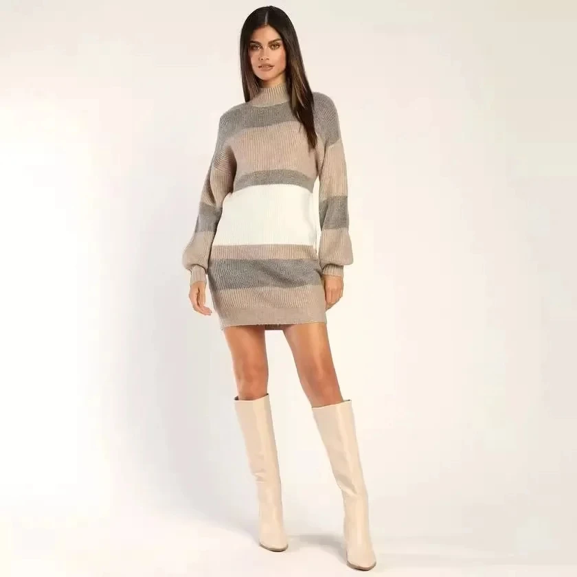 Women's Crew Neck Long Sleeve Spell Color Knit Sweater Dress, Vestidos New Striped Pullover Knit Dress for Autumn and Winter,
Women's Crew Neck Long Sleeve Spell Color Knit Sweater Dress, Vestidos New Striped Pullover Knit Dress for Autumn and Winter,