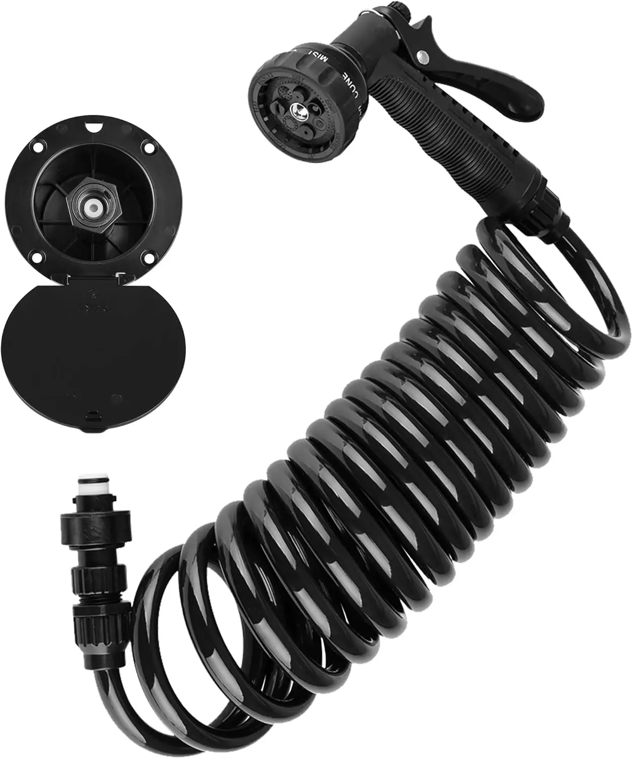 RV Exterior Quick Connect Detachable Sprayer Kit - 15ft Coiled Hose, Utility Spray Dock, 7 Spray Patterns, Lockable (Black)
RV Exterior Quick Connect Detachable Sprayer Kit - 15ft Coiled Hose, Utility Spray Dock, 7 Spray Patterns, Lockable (Black)