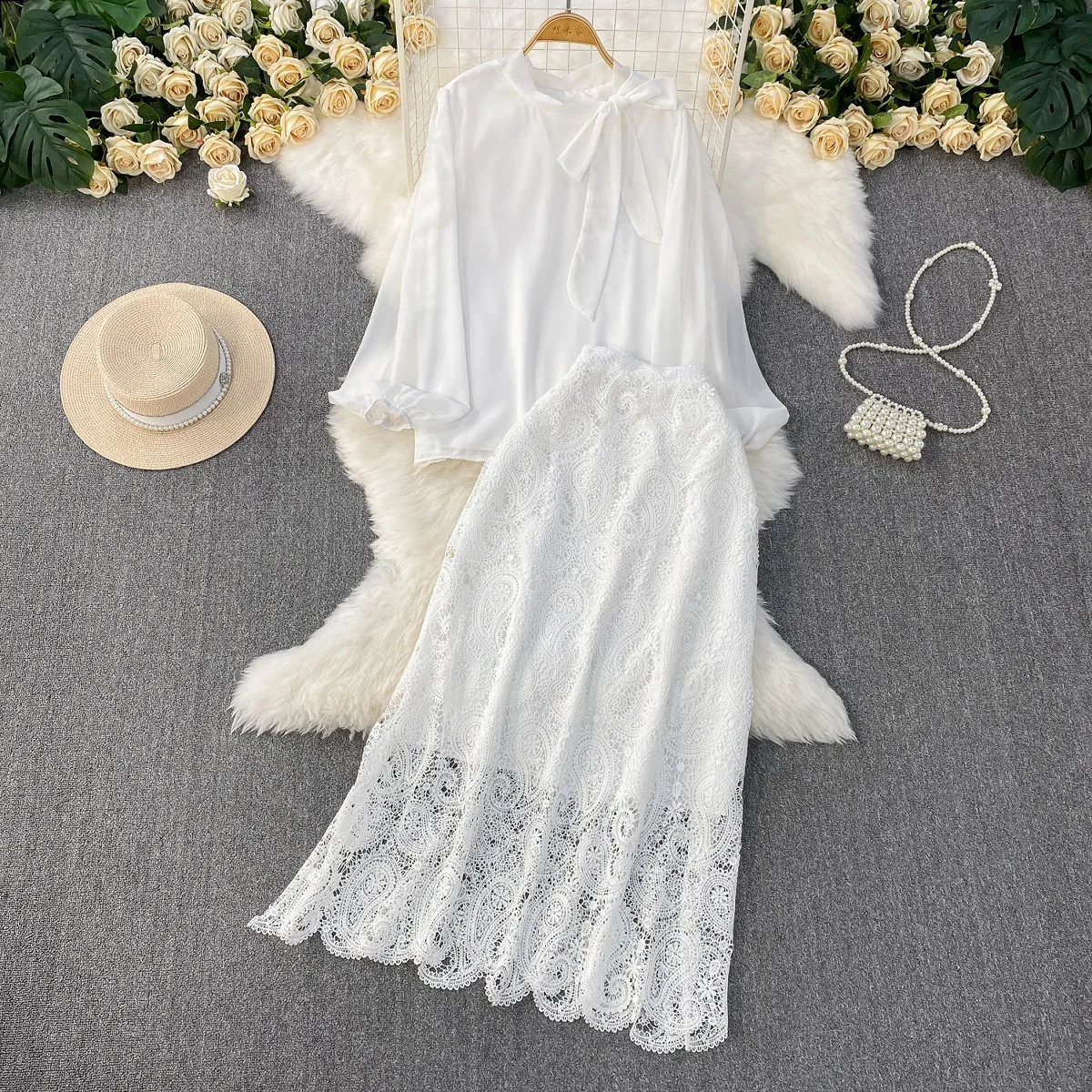 Elegant Skirt Sets Women Round Neck Tops Bow Two Piece Lace Dress Sets Skirts Suit Shirt Lantern Sleeve Casual Office Lady
Elegant Skirt Sets Women Round Neck Tops Bow Two Piece Lace Dress Sets Skirts Suit Shirt Lantern Sleeve Casual Office Lady