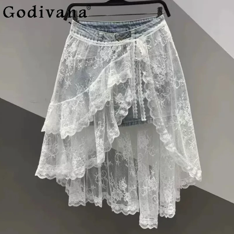 Large Size Women Spring Summer New Lace Splicing Denim Short Skirt Fashion Versatile Age-reducing Korean A-line Blue Skirts
Large Size Women Spring Summer New Lace Splicing Denim Short Skirt Fashion Versatile Age-reducing Korean A-line Blue Skirts