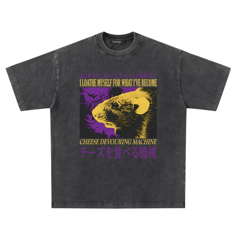 Washed Vintage Japanese Rat Print T Shirt I Loathe Myself for What I've Become Cheese Devouring Machine T-shirt Men Funny Tshirt
Washed Vintage Japanese Rat Print T Shirt I Loathe Myself for What I've Become Cheese Devouring Machine T-shirt Men Funny Tshirt
