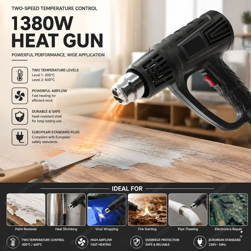 Professional Heat Gun With Two Adjustable Temperatures, Suitable For Home DIY Removal Of Paint And Plastic Heat Shrink Film.
Professional Heat Gun With Two Adjustable Temperatures, Suitable For Home DIY Removal Of Paint And Plastic Heat Shrink Film.