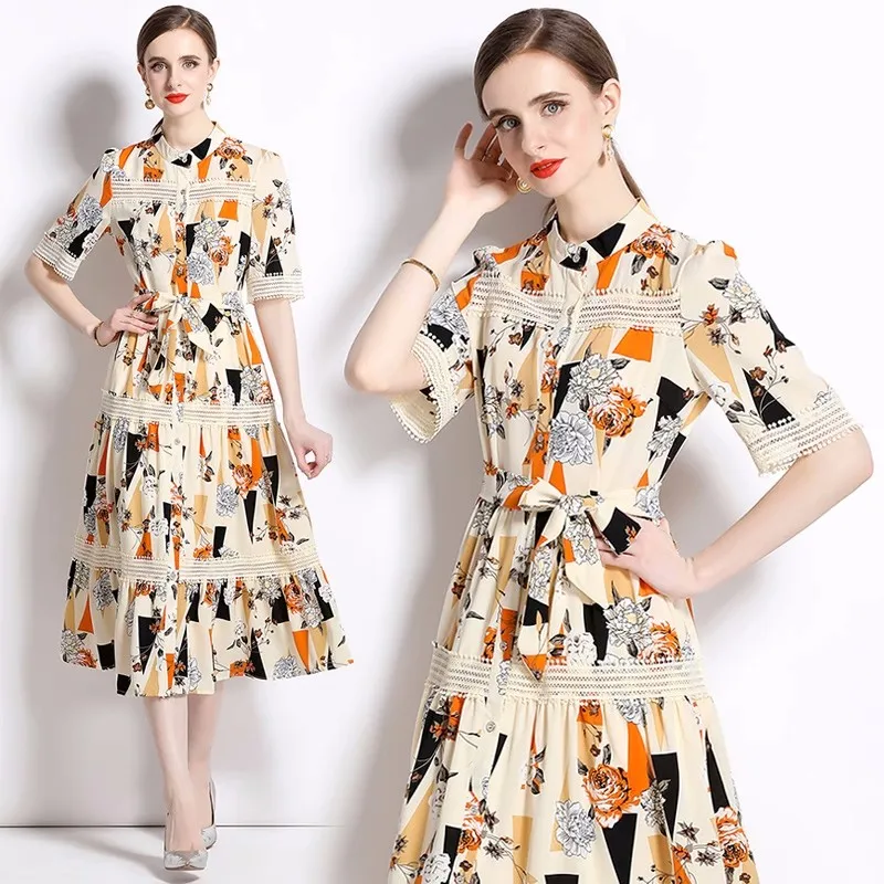 Summer Runway Designer Dress Women's Stand Neck Short Sleeve Floral Print Belt Lace Up Hollow Out Lace Holiday Beach Dress
Summer Runway Designer Dress Women's Stand Neck Short Sleeve Floral Print Belt Lace Up Hollow Out Lace Holiday Beach Dress
