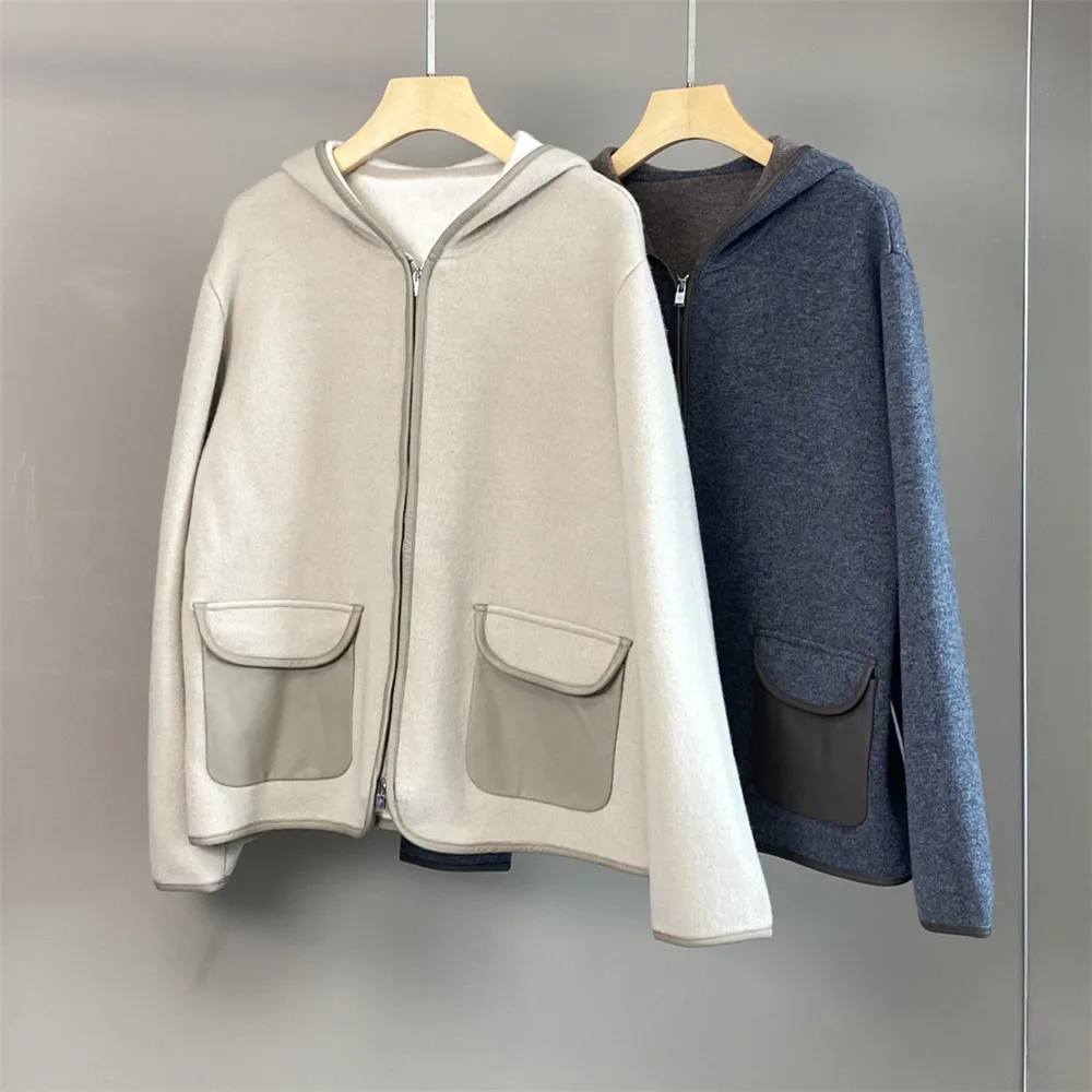25 Autumn/Winter New Women's Hooded Cashmere Splicing Leather Pocket Zipper Knitted Cardigan Coat Top
25 Autumn/Winter New Women's Hooded Cashmere Splicing Leather Pocket Zipper Knitted Cardigan Coat Top
