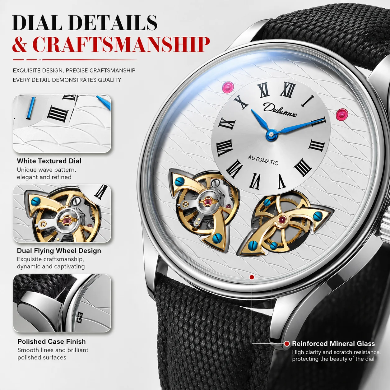 Automatic Mechanical Watch, Dual Flying Wheel Open Heart Display, White/Black Textured Dial, Reinforced Mineral Glass, Stainless
Automatic Mechanical Watch, Dual Flying Wheel Open Heart Display, White/Black Textured Dial, Reinforced Mineral Glass, Stainless